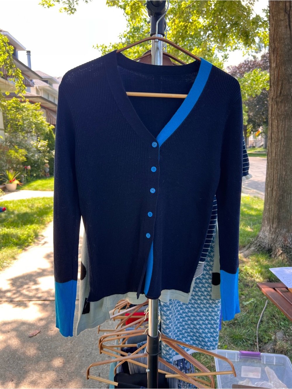 Women's Black and Blue Ribbed Button Cardigan Sweater